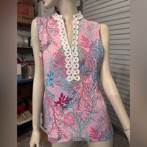 PINK SLEEVELESS TOP FLORIDA! Pink Turquoise Coral Small PAPPAGALLO
